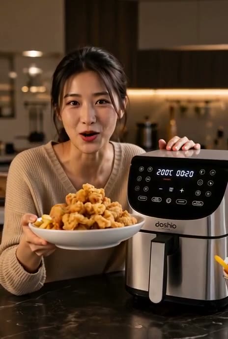 Woman holding a plate of fried chicken beside the Doshio air fryer