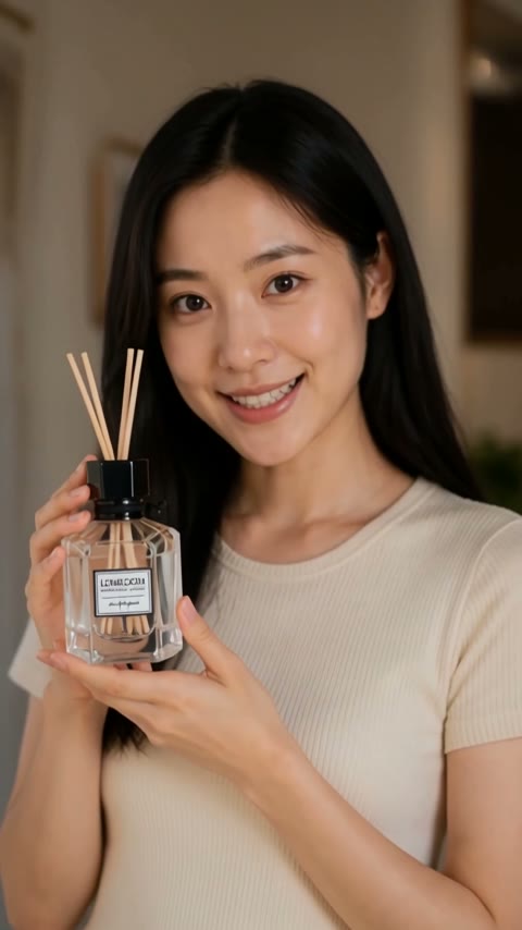 Woman smiling as she holds a reed diffuser