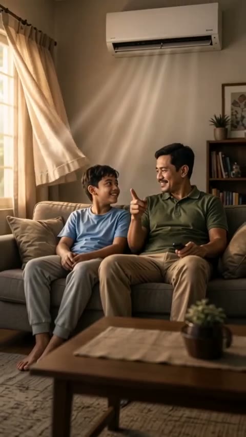 Father and son relaxing on the sofa under the air conditioner