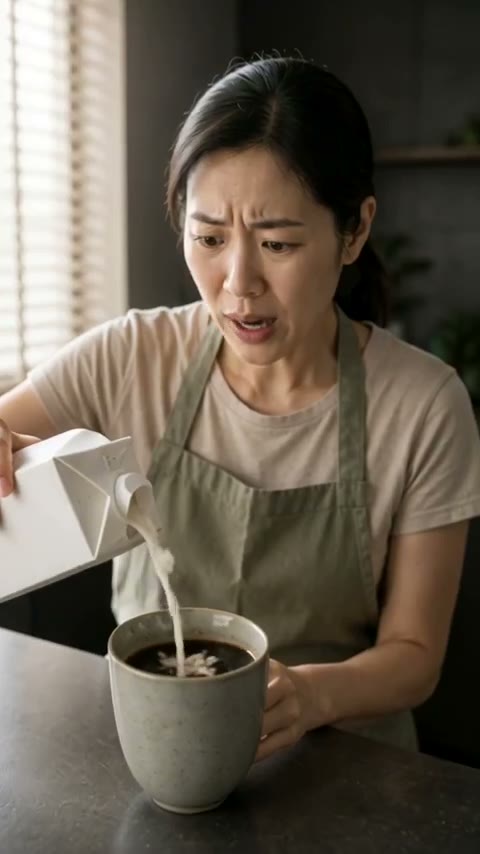 Woman pouring curdled milk into her coffee at the kitchen counter